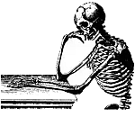 Hand drawn picture of a skeleteon sitting at a desk holding its head like the thinker.