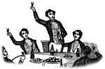 Hand drawn picture of old-timey looking men around a table raising a glass