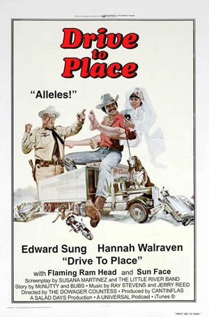 Movie poster-style cover art for Drive to Place reminiscent of Smokey and the Bandit.