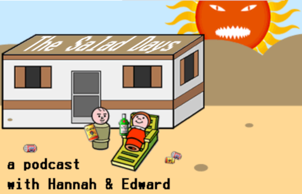 Cartoon desert scene. Blue sky. Brown rocks. Light brown sand. White trailer with a screen door. The sun is red and orange and has a face that looks a little angry. Two peg people out front. One is standing and looking toward the other who is laying on a greendeck chair. They both have drinks. They both look happy.