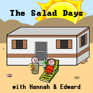 Cartoon desert scene. Blue sky. Brown rocks. Light brown sand. White trailer with a screen door. The sun is red and orange and has a face that looks a little angry. Two peg people out front. One is standing and looking toward the other who is laying on a greendeck chair. They both have drinks. They both look happy.